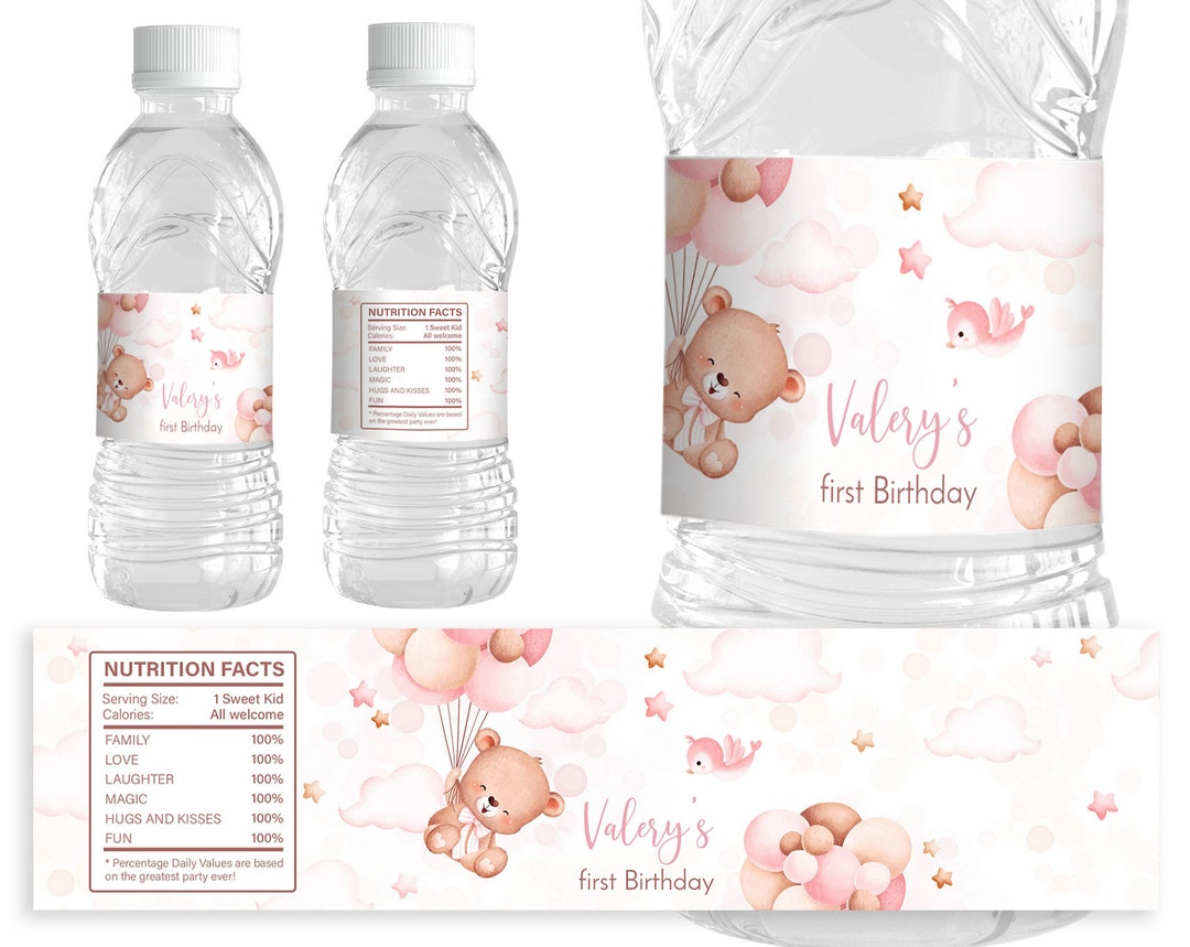EDITABLE Water Bottle Label, 1st Girl Birthday Corjl Template ...