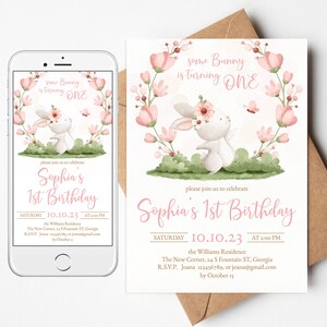 Editable 1st Bunny Birthday digital Invite/Evite Template. Personalized floral baby girl pink and green Party Invitation, flowers. BBG