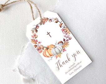 Editable digital Baptism Thank you Tag. Autumn pumpkin wreath, fall party decor. Christening baby Boy Favor tag, 1st Communion cross. A2B