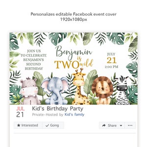 Bewerkbare sjabloon voor TWEE Wild Facebook-evenementomslag. Gepersonaliseerde 2e verjaardagsafari, wilde jungledieren. Banner voor sociale media-feestjes. SA2
