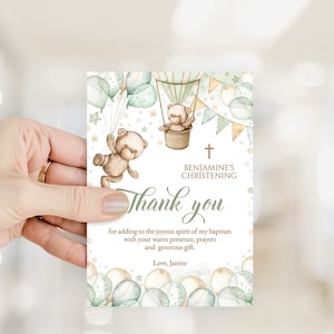 Editable digital Baptism Thank you Card. Sage green Teddy Bear, air balloon decor. Christening Baby Boy, 1st Communion cross, Note Card. CHG