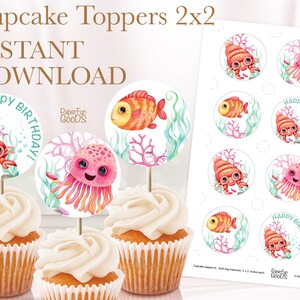 Printable Underwater Cupcake Toppers. Favor tags. Boys girls Birthday decor. Ocean, sea party decoration. Instant download PDF, JPEG. 006