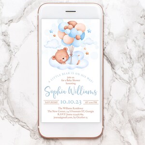 Editable Digital Baby Shower Evite. Personalized Electronic Template, Teddy Bear, air balloon, Baby Sprinkle, Boy blue, It&#39;s a boy party BES