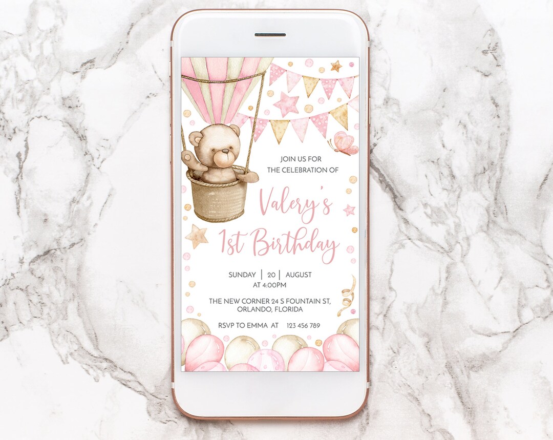Editable Pink Teddy Bear 1st Birthday Evite, Electronic Invitation ...