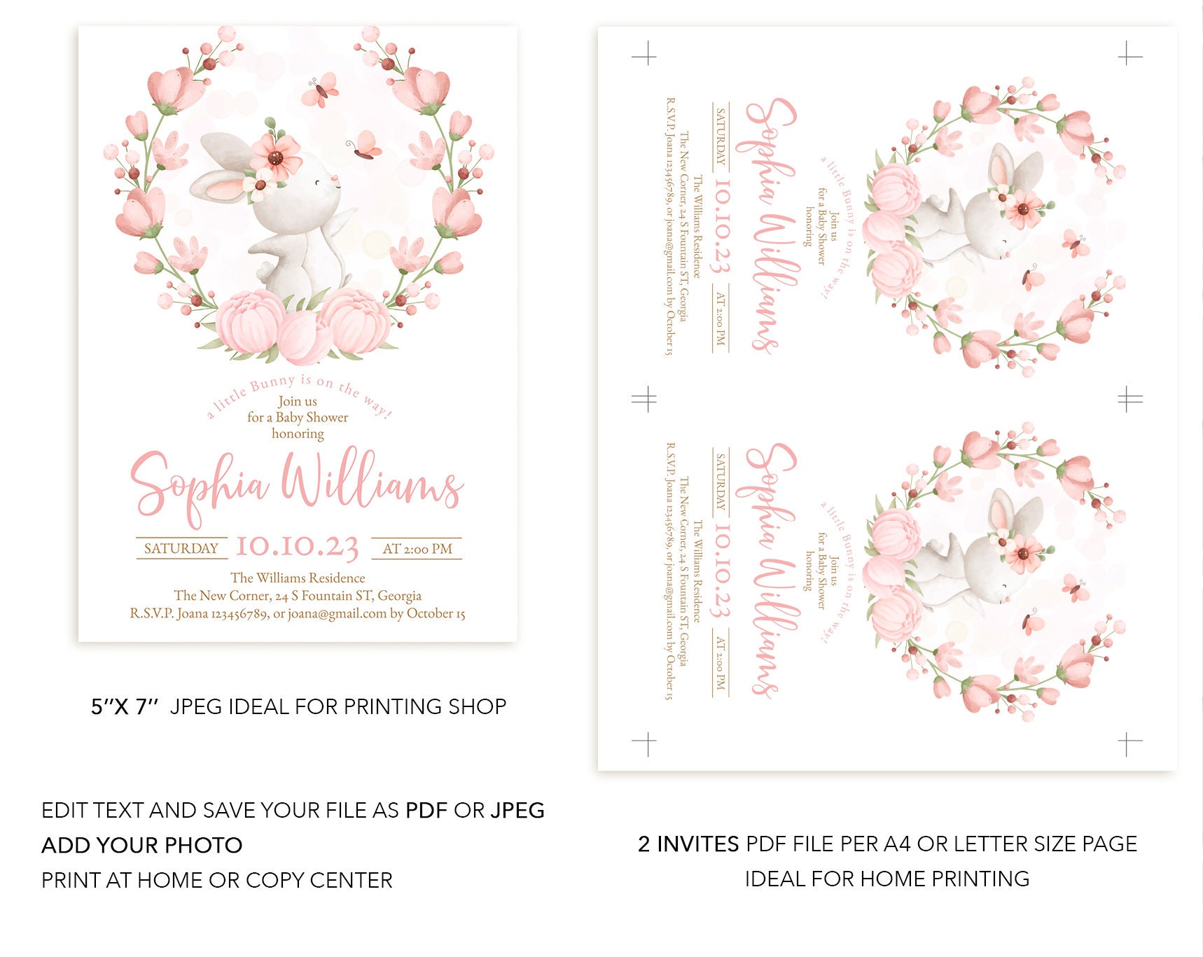 Editable Pink Bunny Baby Shower Digital Invite/evite Template ...
