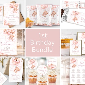 Lot fille 1er anniversaire modifiable. Modèle personnalisé Ours en peluche rose, montgolfière. Ensemble de fête pour bébé fille. Invitation, panneau de bienvenue, Evite 3 Go