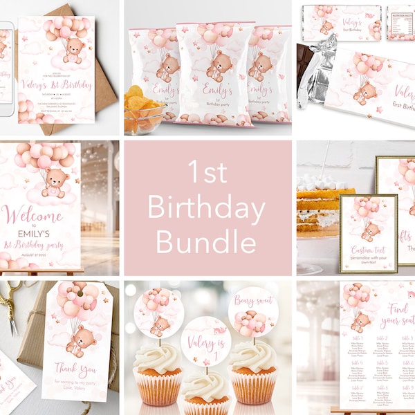 Bearbeitbar 1. Geburtstag Mädchen Bundle. Personalisierte Vorlage Rosa Teddybär, Heißluftballon. Baby Mädchen Party Set. Einladen , Willkommensschild, Evite 3GB