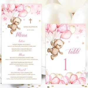 Scheda menu e numero del tavolo MODIFICABILI. Battesimo Orsetto rosa, decorazione in mongolfiera. Decorazione della tavola per battesimo della neonata. Croce della Prima Comunione. PTB