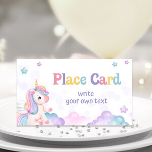 EDITIERBARE Einhorn Tischkarte. Personalisierte Vorlage, Mädchen Regenbogen Magie Geburtstagsparty. Gastgeschenk, Lebensmitteletikett, digitale Zeltkarte 3,5x2'' UNI