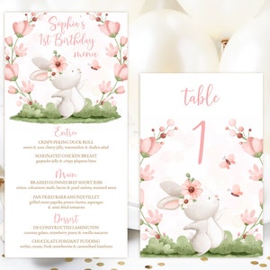 BEWERKBARE digitale menukaart en tafelnummer. Konijntjesfeest, roze bloem. Gepersonaliseerde babymeisje 1e verjaardag tafeldecor. Corjl-sjabloon. BBG