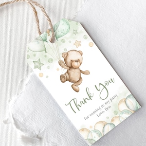 Editable digital 1st Birthday Thank you Tag Template. Personalized Green beige Boy Girl favor tag. Teddy Bear air balloon party decor. SGB