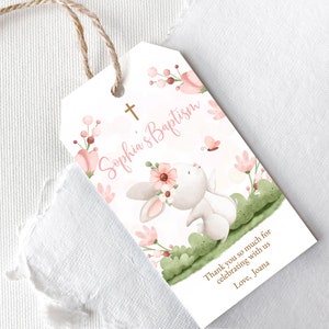 Tag di ringraziamento modificabile per il battesimo. Coniglietto rosa e verde, decorazioni floreali, fiori. Etichetta Bomboniera Battesimo Bambina, Croce Prima Comunione. BGB