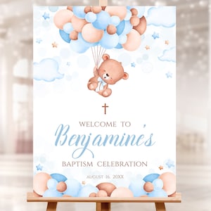 Editable Baptism Welcome Sign. Personalized Boy blue Teddy Bear, air balloon decor. Christening, 1st Communion cross. BBB