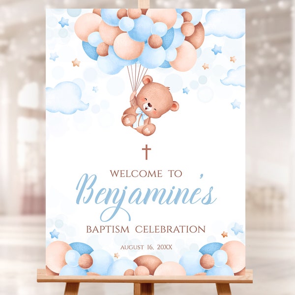 Panneau de bienvenue de baptême modifiable. Ours en peluche bleu garçon personnalisé, décor de montgolfière. Baptême, croix de 1ère communion. BBB