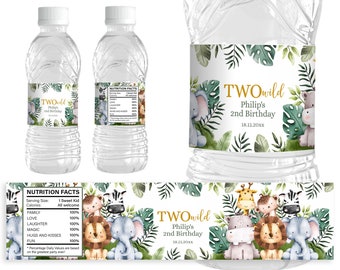EDITABLE digital TWO Wild Bottle Label. Personalized 2nd Birthday Safari, Jungle animal, neutral  Party Favor. Corjl Template. SA2