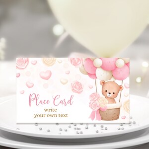Segnaposto per il primo compleanno MODIFICABILE. Orsacchiotto di San Valentino, festa rosa per ragazza Sweet Heart. Bomboniera, etichetta alimentare, Tent Card digitale 3,5x2'' VAL