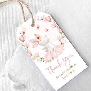 Editable digital Bunny Thank you Tag. Girl Baby Shower, Baby Sprinkle Favor tag. Pink flowers, wreath.  Corjl Template BSB