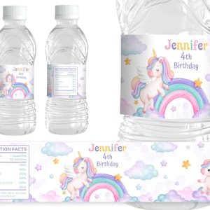 Etiqueta de botella de agua EDITABLE, tema Unicornio arcoiris de cumpleaños de niña. Etiqueta personalizada para recuerdo de fiesta, rosa y arcoíris mágico. UNI