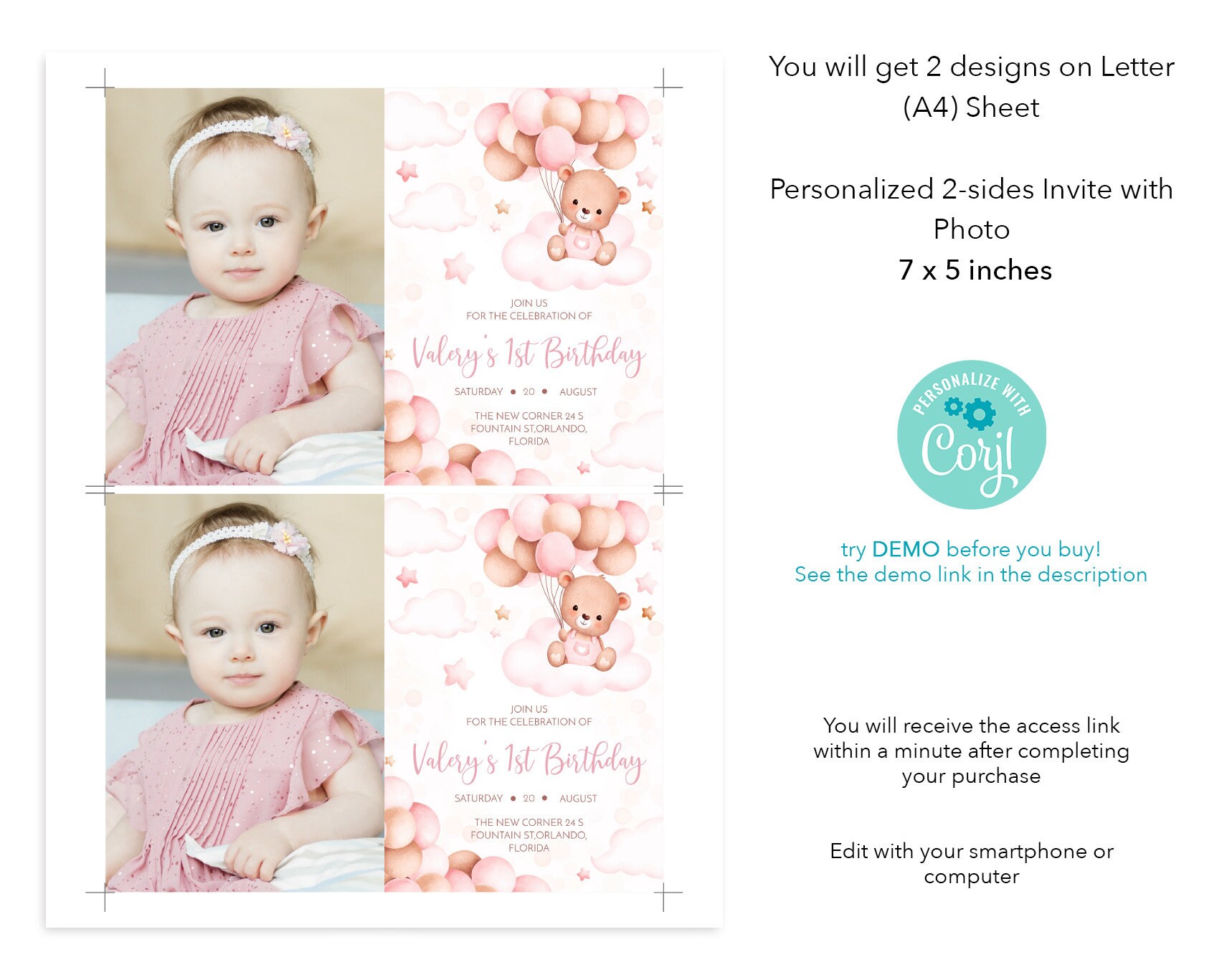 Editable Pink Teddy Bear Birthday Invitation Template With Photo. 1st ...
