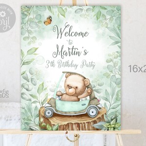 EDITABLE Birthday mint welcome sign. Personalized Teddy Bear baby banner. Girls, boys green party decoration. 008
