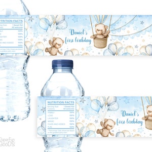 EDITABLE Bottle Label, Water labels, Corjl Template. Personalized blue and tan Baby Boy Birthday Party Favor. Teddy Bear. 007