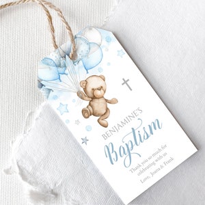 Étiquette de remerciement pour le baptême numérique modifiable. Ours en peluche bleu argent, décor de montgolfière. Étiquette de baptême pour bébé garçon, croix de 1ère communion. STB