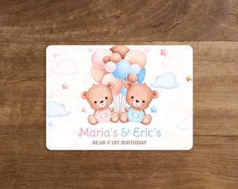Editable Table Mat Template. Personalized 1st twins boy girl Birthday place mat, Teddy Bear blue, pink air balloon. TB3