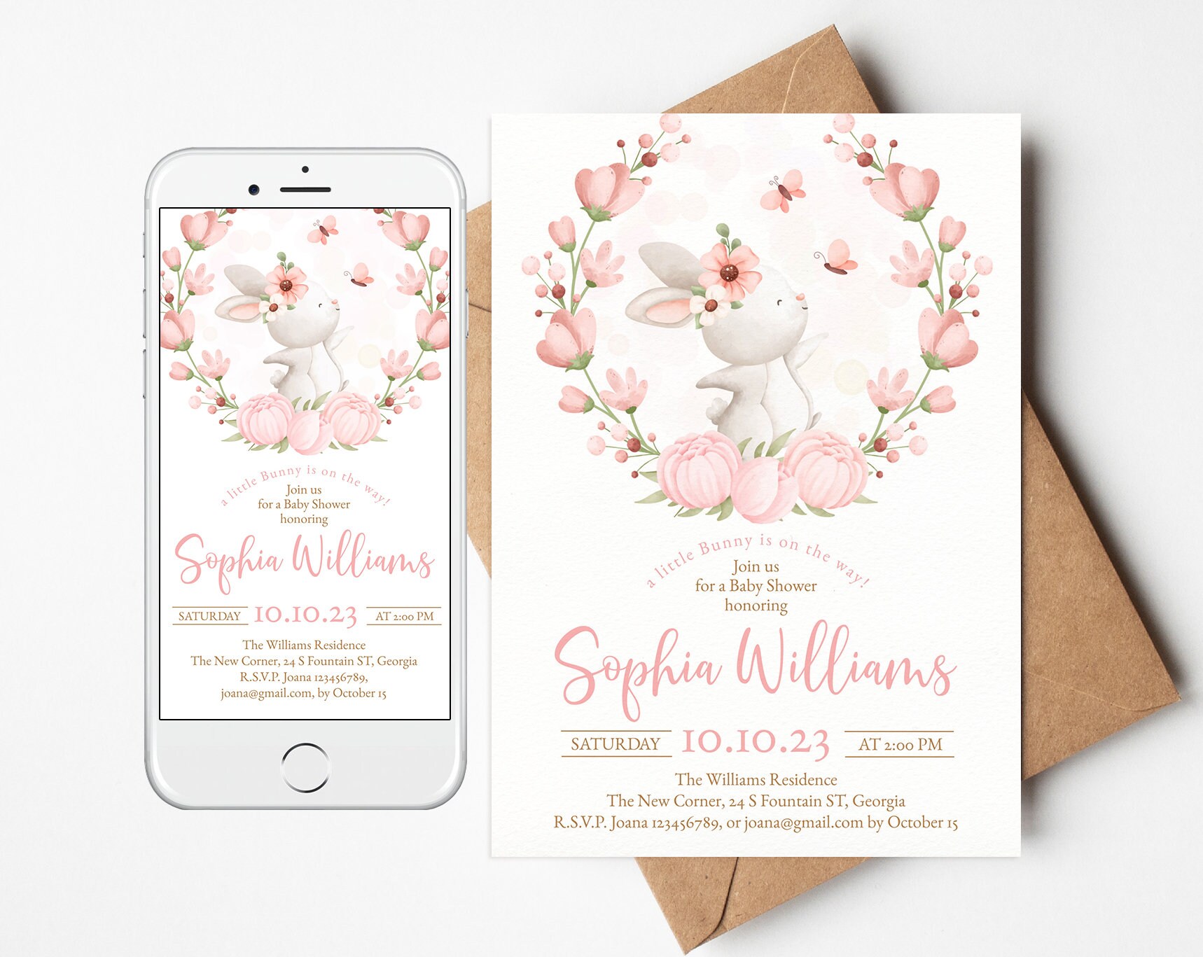 Editable Pink Bunny Baby Shower Digital Invite/evite Template ...