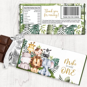 EDITIERBARE digitale Wild One Chocolate Bar Wrapper. Personalisierte Safari, Dschungeltier Candy Bar Gastgeschenk. Corjl Vorlage. SAB
