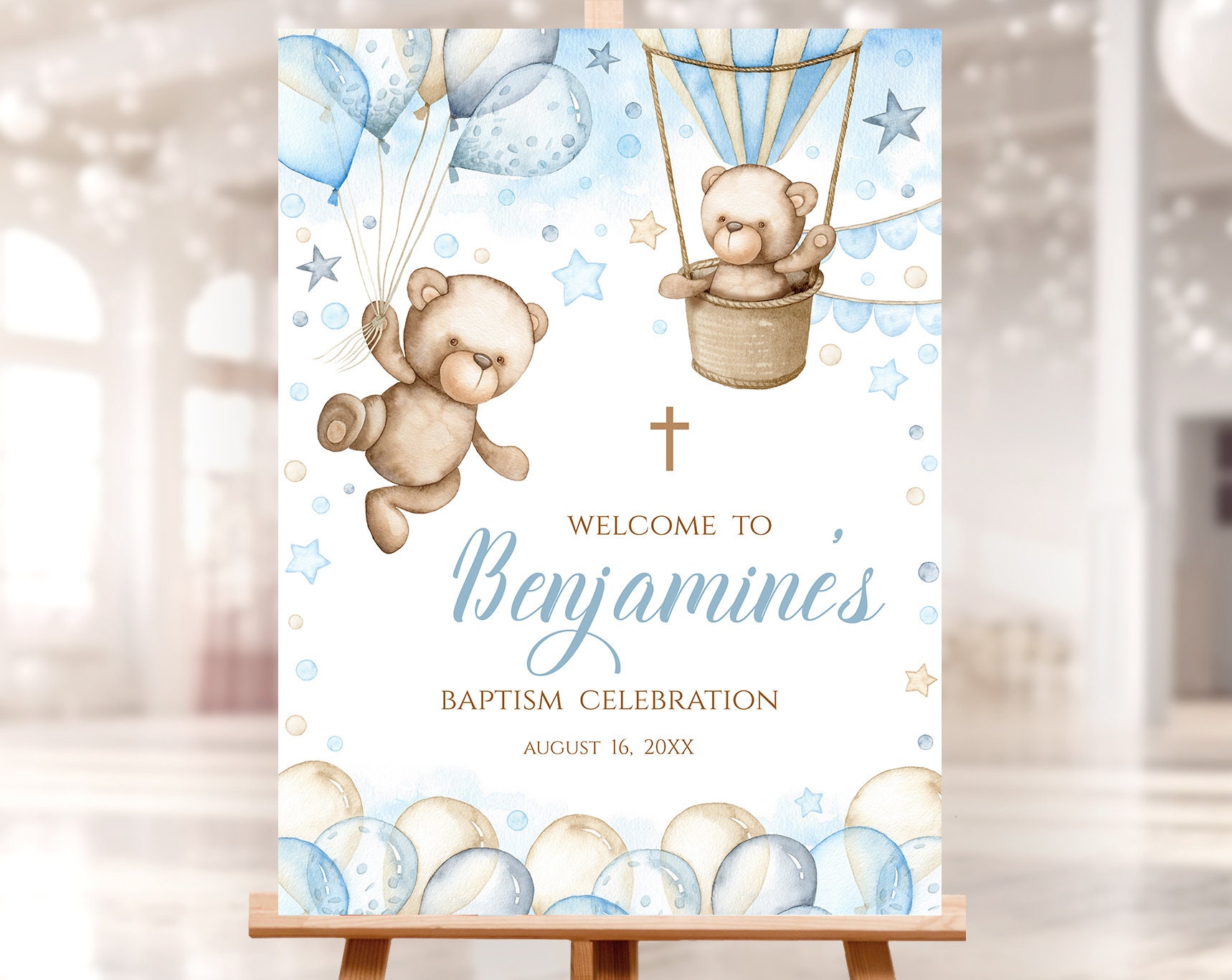 Editable Baptism Welcome Sign. Personalized Boy Blue Teddy Bear, Air ...