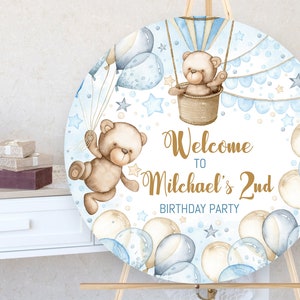 EDITABLE Birthday circle welcome sign. Personalized baby boy birthday banner. Teddy Bear, air balloon party decor. Corjl file 20x20''. 007