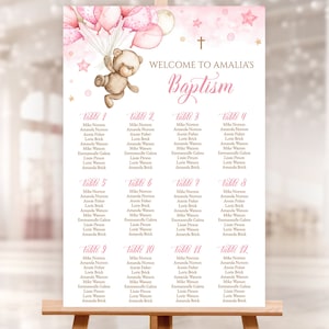Bewerkbare doopplaatstabel. Roze teddybeer, luchtballondecor. Doopmeisje, 1e communiekruis. Corjl-sjabloon 24x36". PTB