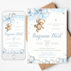 Invito/Invitato al battesimo digitale modificabile. Invito per orsacchiotto blu e argento, decorazioni in mongolfiera. Battesimo del bimbo, croce della Prima Comunione. STB
