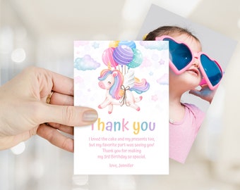 Editable Photo Thank you Card. Pink pastel rainbow Unicorn. Magical girl Birthday Party. 2 sides Note Card 3,5x5 in. Corjl template. UNI