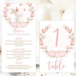 Cartão de menu digital EDITÁVEL e número da mesa. Festa de chá de bebê de menina. Coelhinho personalizado, decoração de mesa rosa. Arquivos Corjl digitais imprimíveis BSB