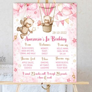 Panneau MODIFIABLE pour l&#39;anniversaire d&#39;un ours en peluche. Premier signe d&#39;anniversaire de petite fille. Décoration de fête en montgolfière rose. Plaque imprimable 16x20&#39;&#39; 009