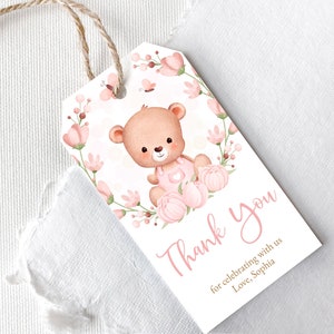 Editable digital Teddy Bear Thank you Tag. Girl Baby Shower, Baby Sprinkle Favor tag. Pink flowers, wreath.  Corjl Template. PBW