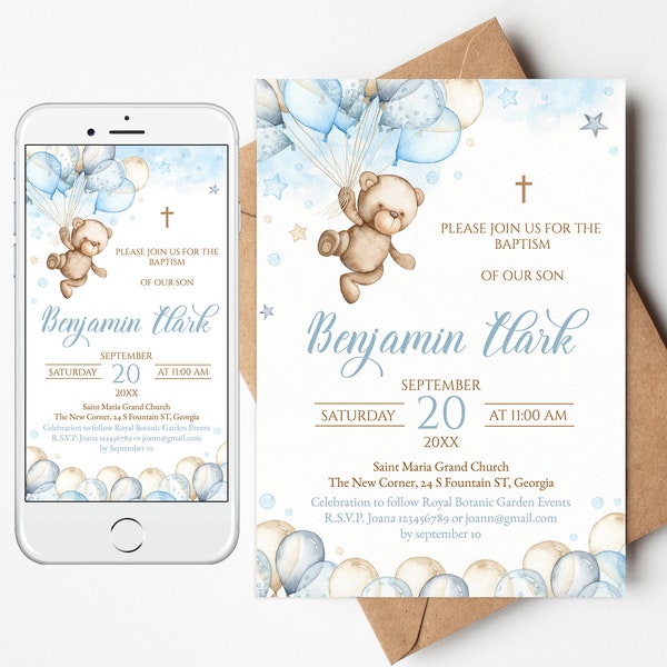 Editable digital Baptism Invite/Evite. Electronic Blue Teddy Bear Invitation air balloon decor. Christening Baby Boy 1st Communion cross BTB
