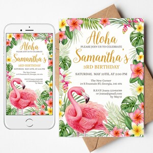 編集可能なトロピカルな 3 歳の誕生日招待状/Evite テンプレート。パーソナライズされたハワイ、アロハ、ピンク フラミンゴ招待状、緑、金色。PTP