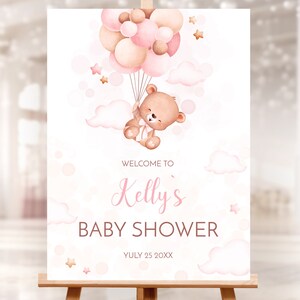 EDITABLE Welcome sign Baby Shower Pink Teddy Bear. Personalized It&#39;s a Girl poster. Cute baby Bear, air balloon party decoration. 3GB