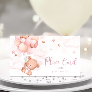 Segnaposto per il primo compleanno MODIFICABILE. Festa personalizzata per bambina rosa a tema Teddy Bear. Bomboniera, etichetta alimentare, Tent Card digitale 3,5x2'' 3GB