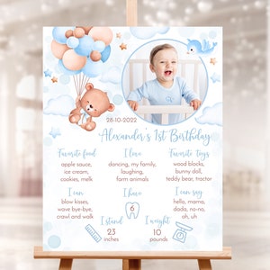 EDITABLE Teddy Bear Milestone sign with photo. Baby boy first birthday. Blue air balloon party decor, Corjl template 16x20, 8x10 in  3BB