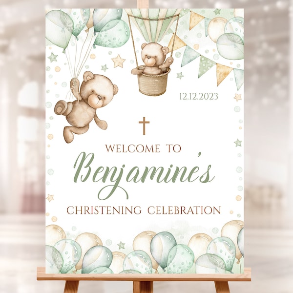 Editable digital Baptism Welcome Sign. Personalized Sage green Teddy Bear, air balloon. Christening, 1st Communion cross. CHG