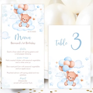 EDITIERBARE Menükarte und Tischnummer. Teddybär Blau. Personalisierte Baby Junge 1. Geburtstag Tischdekoration. Druckbare digitale Corjl Dateien 3BB