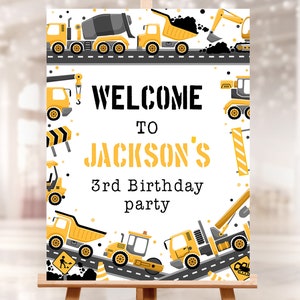 Plantilla editable de cartel de bienvenida de cumpleaños de construcción de carreteras. 3er cumpleaños Excavadora amarilla Party Boy. 2KS