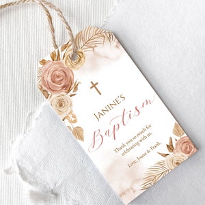 Bearbeitbare Taufe Danke Tag. Blush floral, staubrosa Rosen, beige Blüten. Taufe Boho Baby Girl Favor Tag, 1. Kommunion Kreuz. BRG