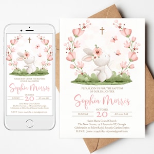 Bearbeitbar Taufe einladen / Evite. Rosa und grünes Häschen, Einladung, florales Dekor, Blumen. Taufe Baby Mädchen, 1 Kommunion Kreuz. BGB