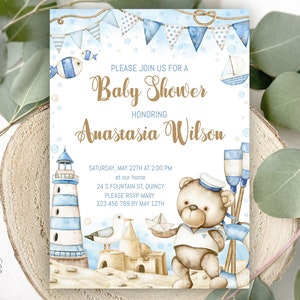 Modello di invito per baby shower digitale EDITABILE. È un ragazzo. Decorazione dell'oceano blu del mare dell'orsacchiotto del bambino. 5x7''013