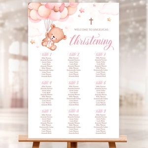 Editable Christening Seating Chart. Pink Teddy Bear, air balloon decor. Baptism Baby Girl, 1st Communion cross. Corjl Template 24x36". PCG