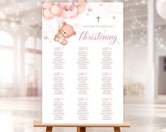 Tabella dei posti a sedere per battesimo modificabile. Orsacchiotto rosa, decorazione in mongolfiera. Croce Battesimo Bambina, Prima Comunione. Modello Corjl 24x36". PCG